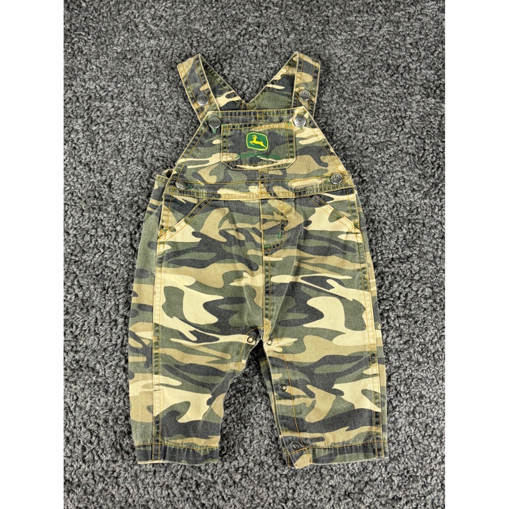 John Deere Baby Camo Overalls 3/6M Cotton Camouflage Bibs Green Yellow Logo